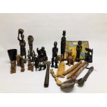 A BOX OF ASSORTED MAINLY HARDWOOD ETHNIC ARTIFACTS COMPRISING OF VARIOUS CARVED FIGURES AND OBJECTS.
