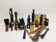 A BOX OF ASSORTED MAINLY HARDWOOD ETHNIC ARTIFACTS COMPRISING OF VARIOUS CARVED FIGURES AND OBJECTS.