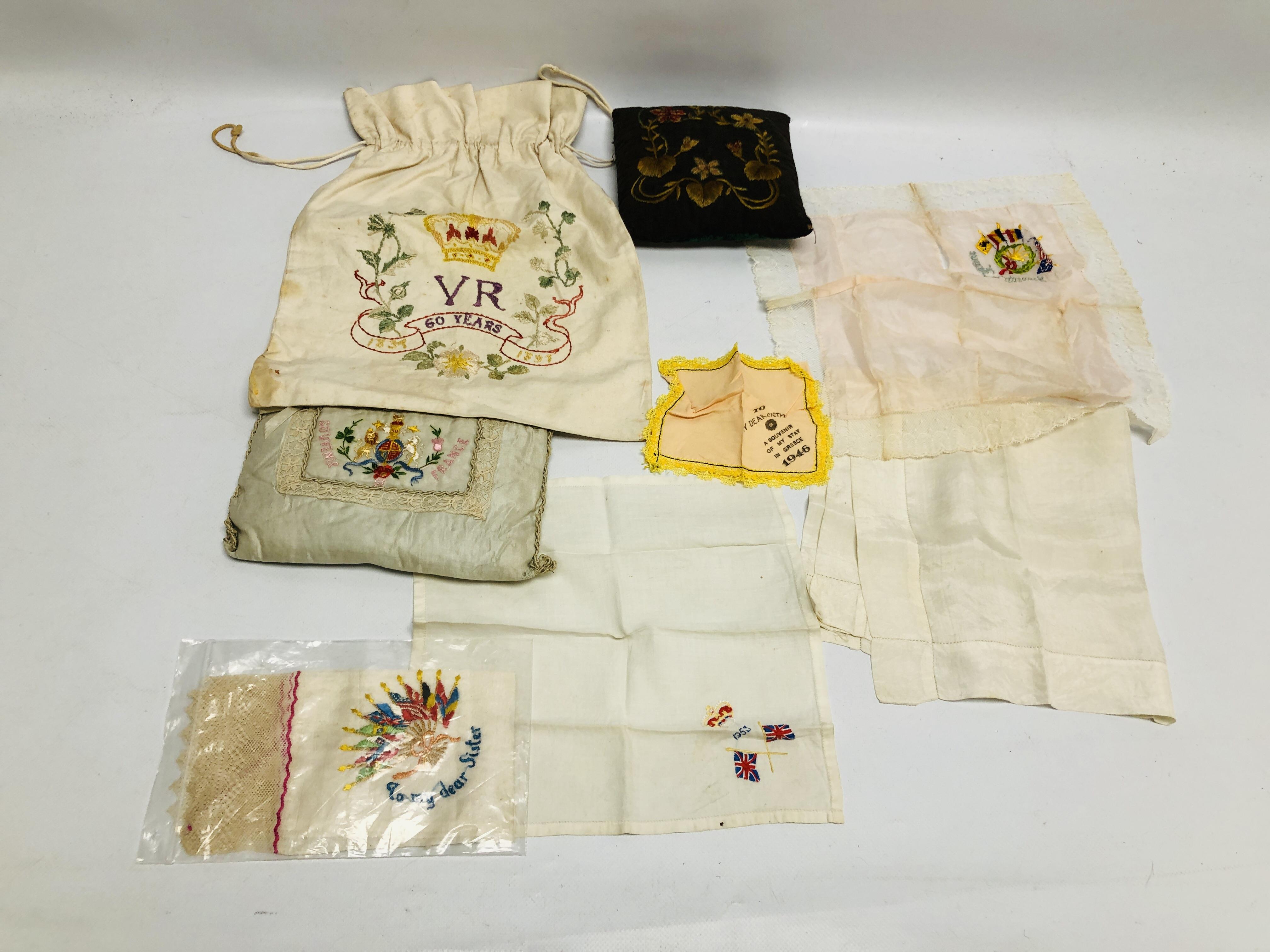 A GROUP OF VINTAGE SOUVENIR EMBROIDERIES INCLUDING A CORONATION HANDKERCHIEF 1953 AND A FRENCH