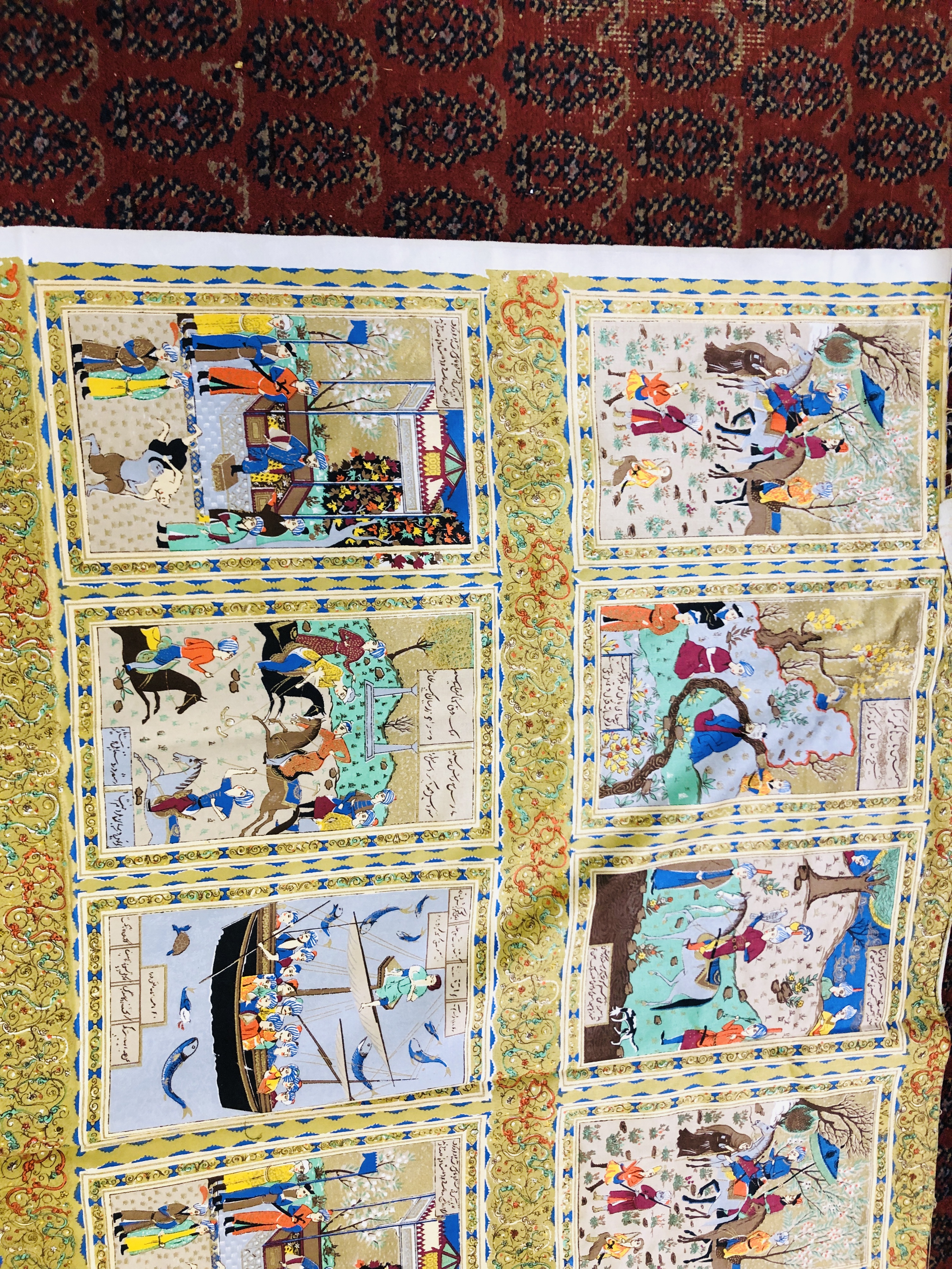 AN INDIAN PRINTED SILK TEXTILE IN THE MUGHAL STYLE WITH 48 SMALL PANELS DEPICTING VARIOUS EVERYDAY - Image 4 of 7