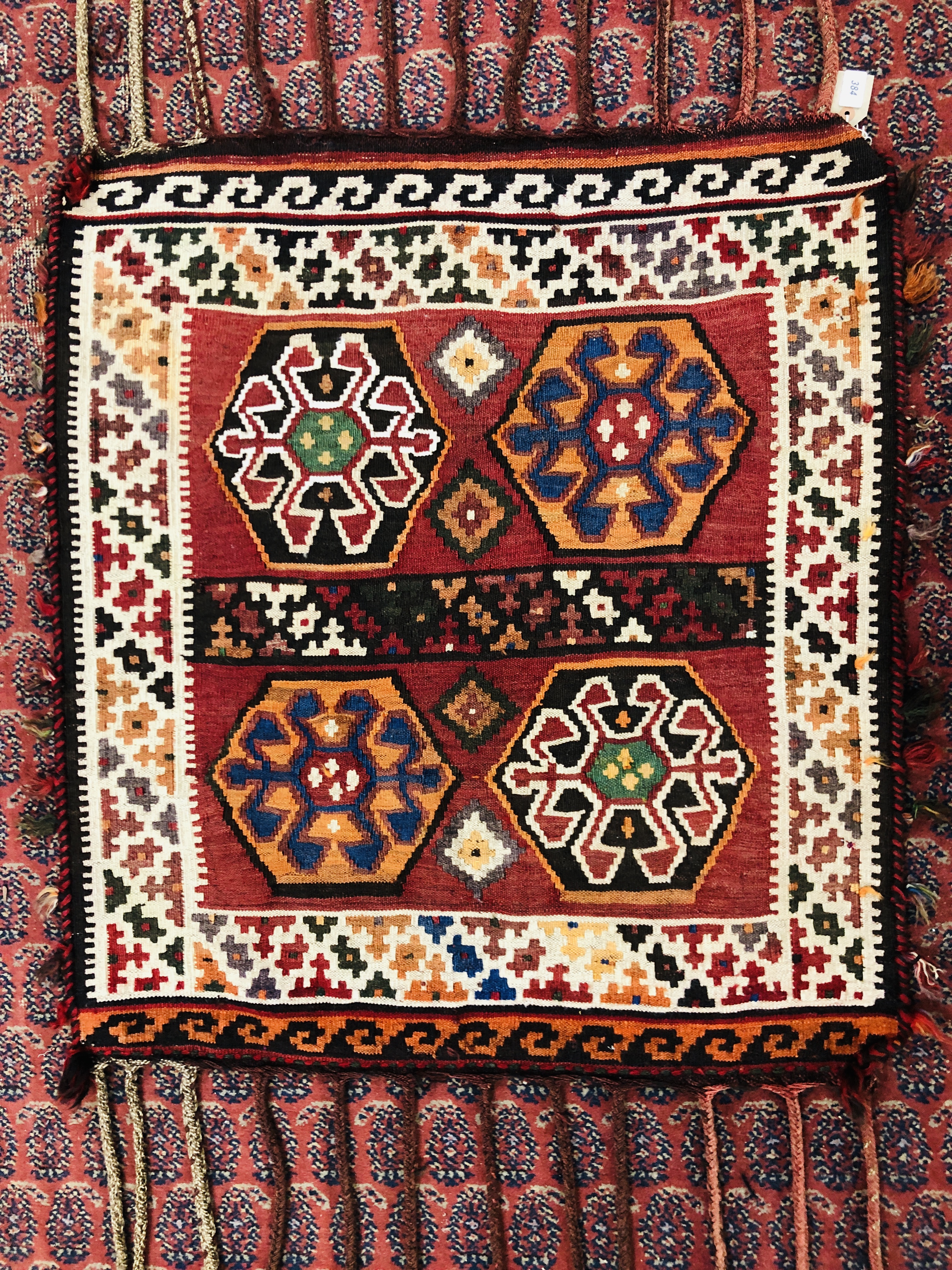 AFGHAN KELIM FOUR HEXAGONAL MOTIF ON A RED FIELD, - Image 2 of 5