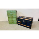 A DECO 6 DRAWER CHEST WITH GREEN PAINTED FINISH AND BLUE PAINTED METAL BOUND DOME TOP TRUNK