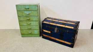 A DECO 6 DRAWER CHEST WITH GREEN PAINTED FINISH AND BLUE PAINTED METAL BOUND DOME TOP TRUNK