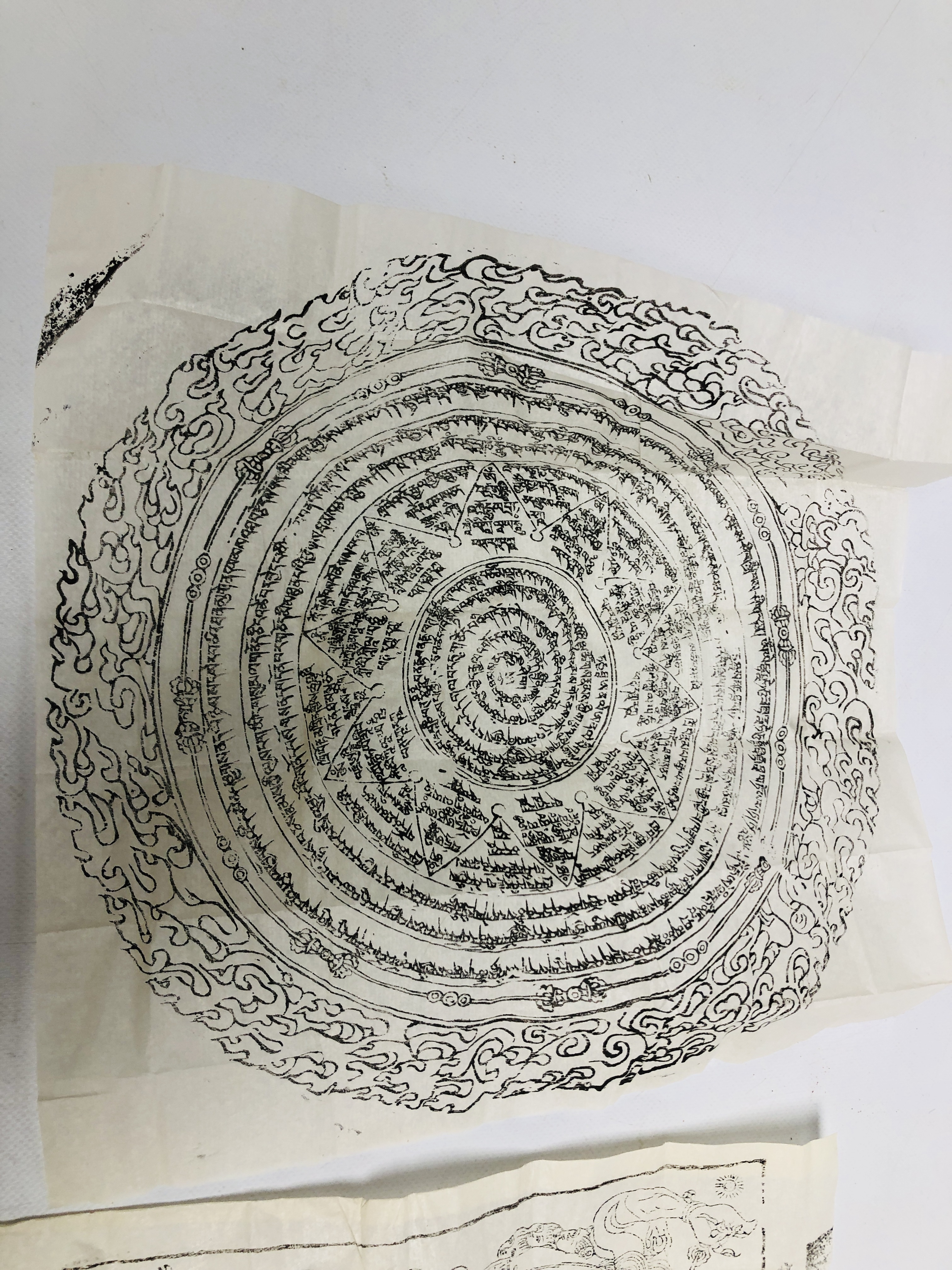 A GROUP OF THREE TIBETAN BUDDHIST INK DRAWINGS ON RICE PAPER, TWO OF INSCRIBED WHEEL DESIGN, - Bild 5 aus 7