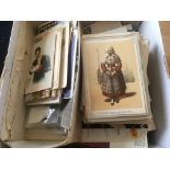 BOX OF MIXED EPHEMERA, GREETINGS CARDS c1900 FRENCH COSTUME PRINTS, MODEL RAILWAY TRADE CATALOGUES,