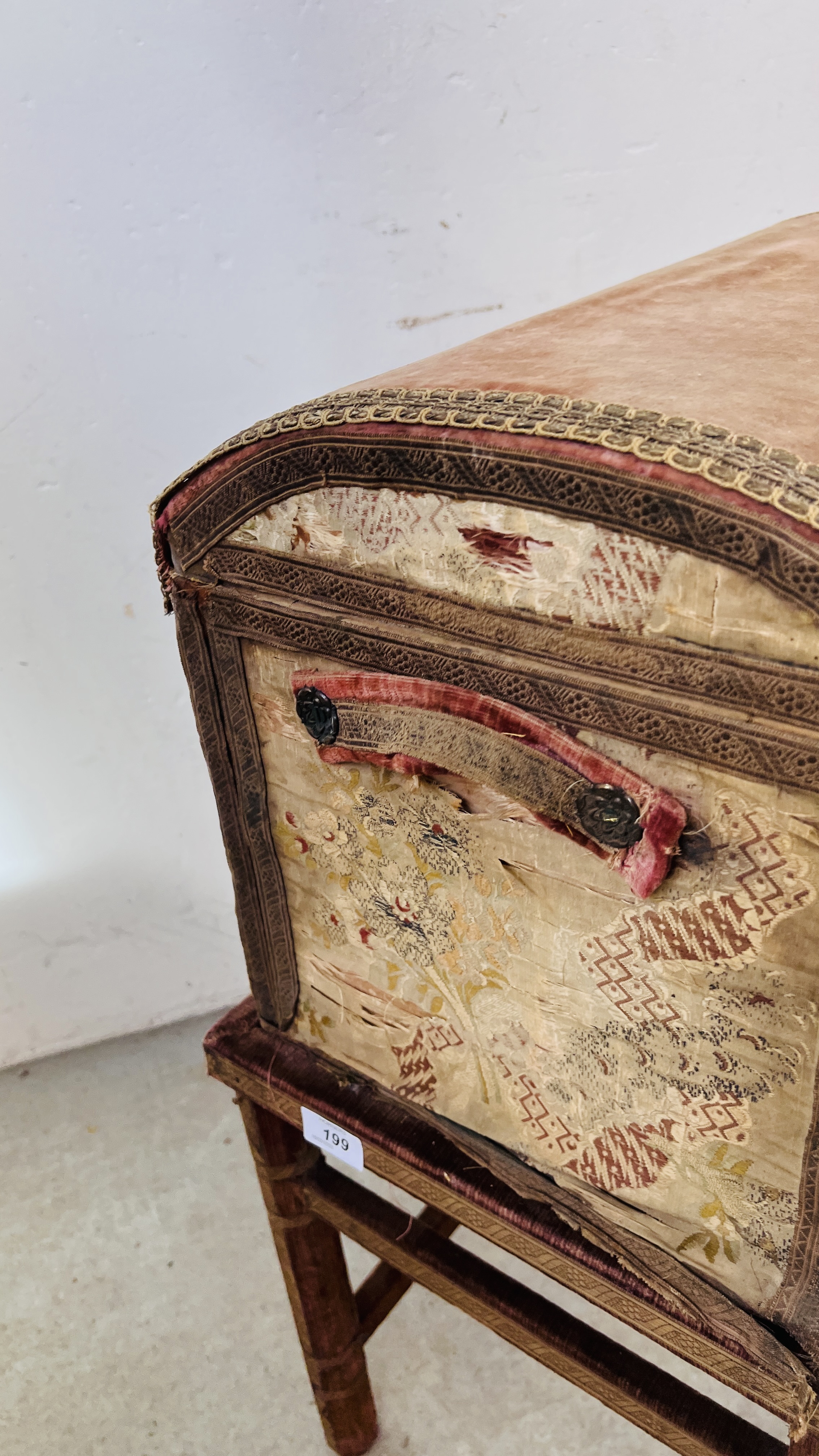 A VELVET COVERED DOME TOP TREASURY TRUNK ON STAND (BOX W 53CM. D 33CM. - Image 4 of 11