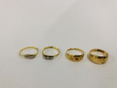A GROUP OF FOUR VINTAGE 18CT GOLD RINGS TO INCLUDE STONE SET EXAMPLES (A/F REQUIRE ATTENTION STONES