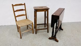 A VINTAGE SOLID OAK STOOL ALONG WITH SEAGRASS LADDER BACK DINING CHAIR AND GATE LEG OCCASIONAL