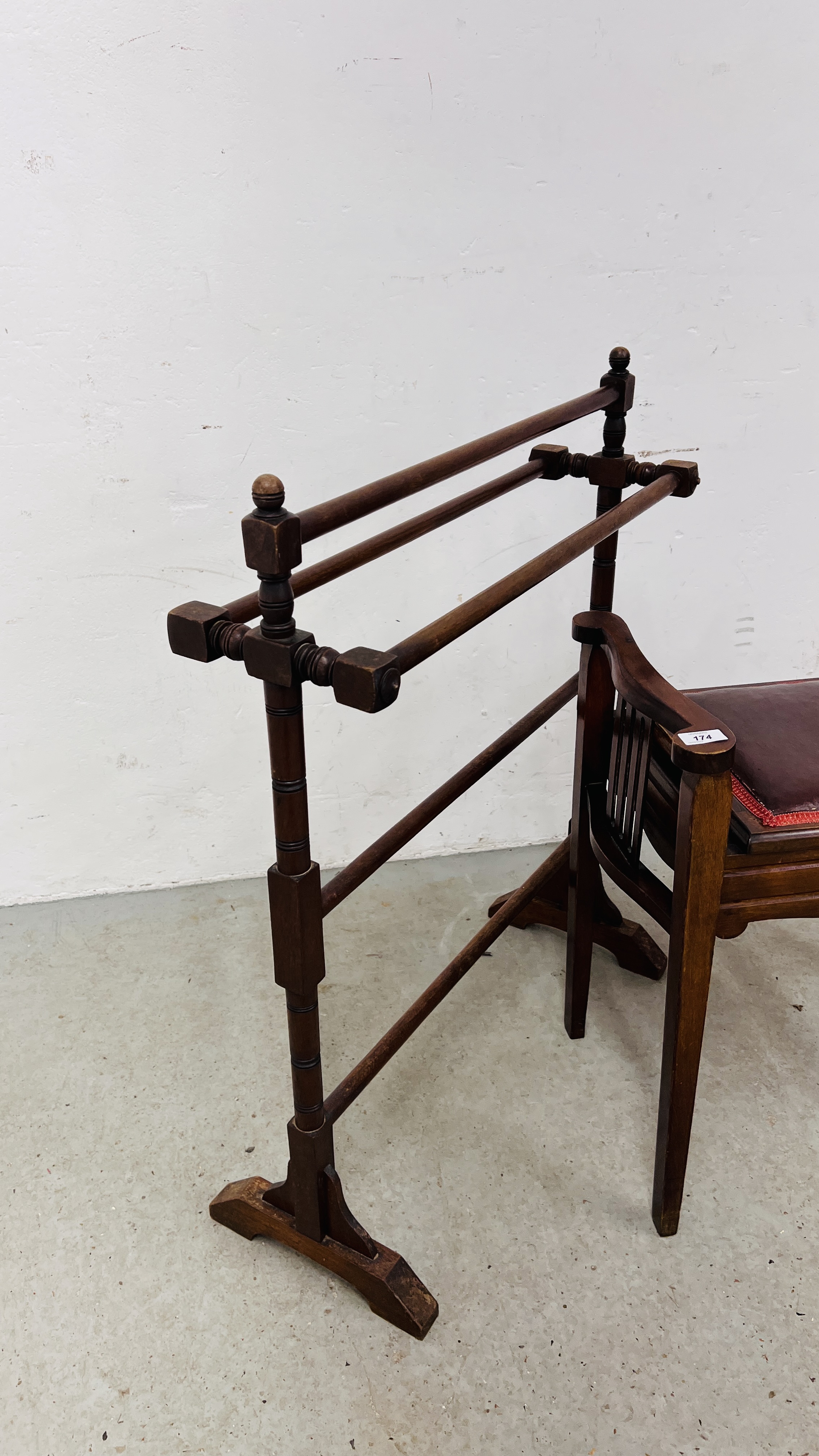 VINTAGE MAHOGANY TOWEL RAIL ALONG WITH A MAHOGANY FRAMED PIANO STOOL. - Image 6 of 8