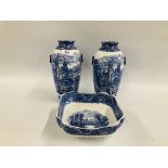 A PAIR OF BLUE AND WHITE "CAULDON LTD" "MOORE" VASES - H 28CM. AND MATCHING SQUARE DISH.