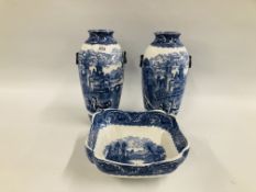 A PAIR OF BLUE AND WHITE "CAULDON LTD" "MOORE" VASES - H 28CM. AND MATCHING SQUARE DISH.