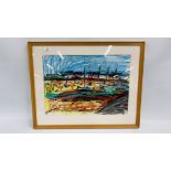 A PASTEL DRAWING OF MOORED YACHTS, SIGNED WITH MONOGRAM JAR 40 X 56CM.