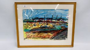 A PASTEL DRAWING OF MOORED YACHTS, SIGNED WITH MONOGRAM JAR 40 X 56CM.