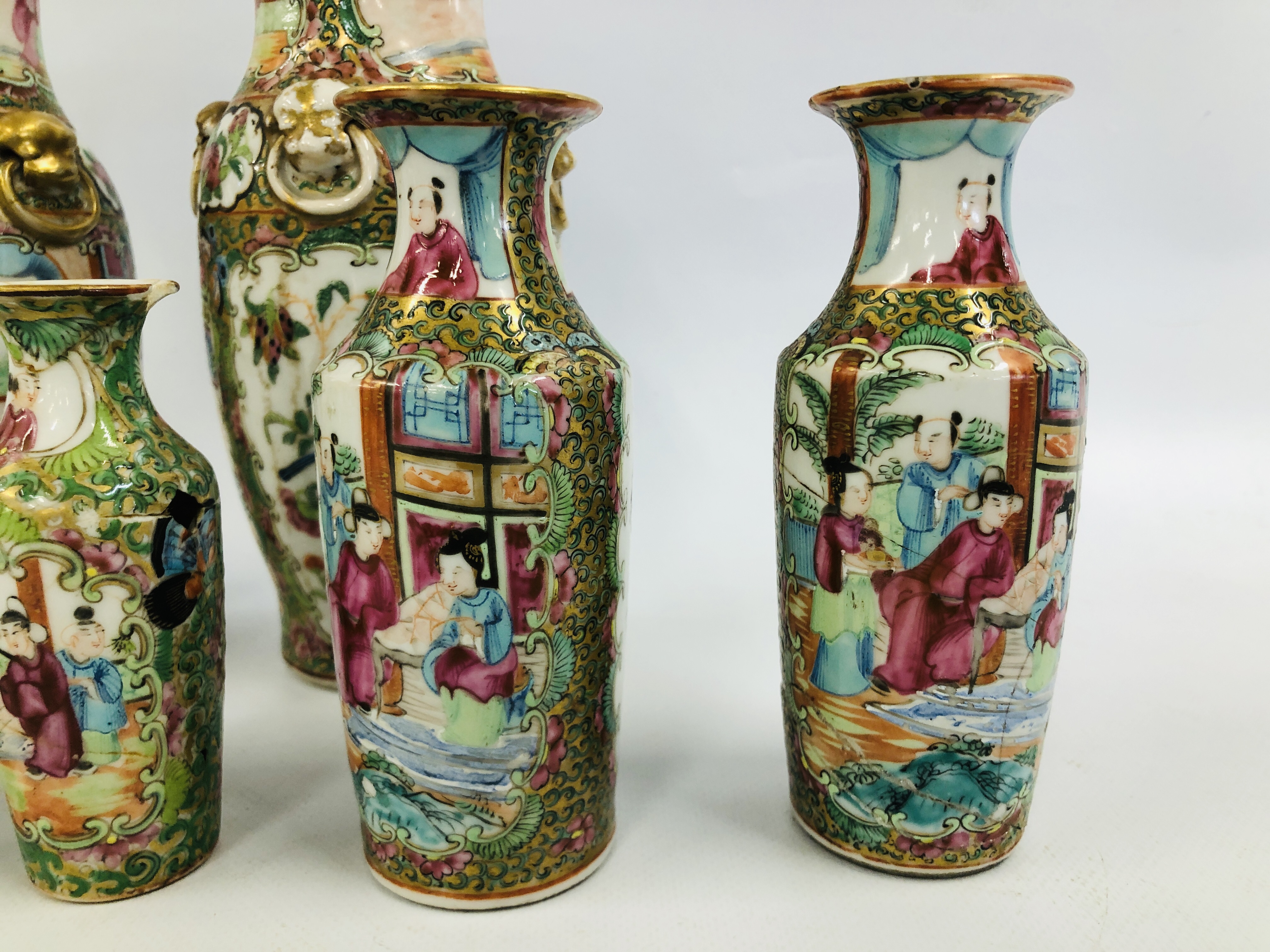 3 X PAIRS OF CANTONESE FAMILLE ROSE VASES, THE LARGEST H 22.5CM (GOOD CONDITION, THE OTHERS H 14. - Image 2 of 17