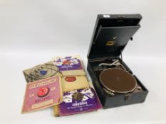 HMV VINTAGE TRANSPORTABLE GRAMOPHONE AND QUANTITY OF 78RPM RECORDS.
