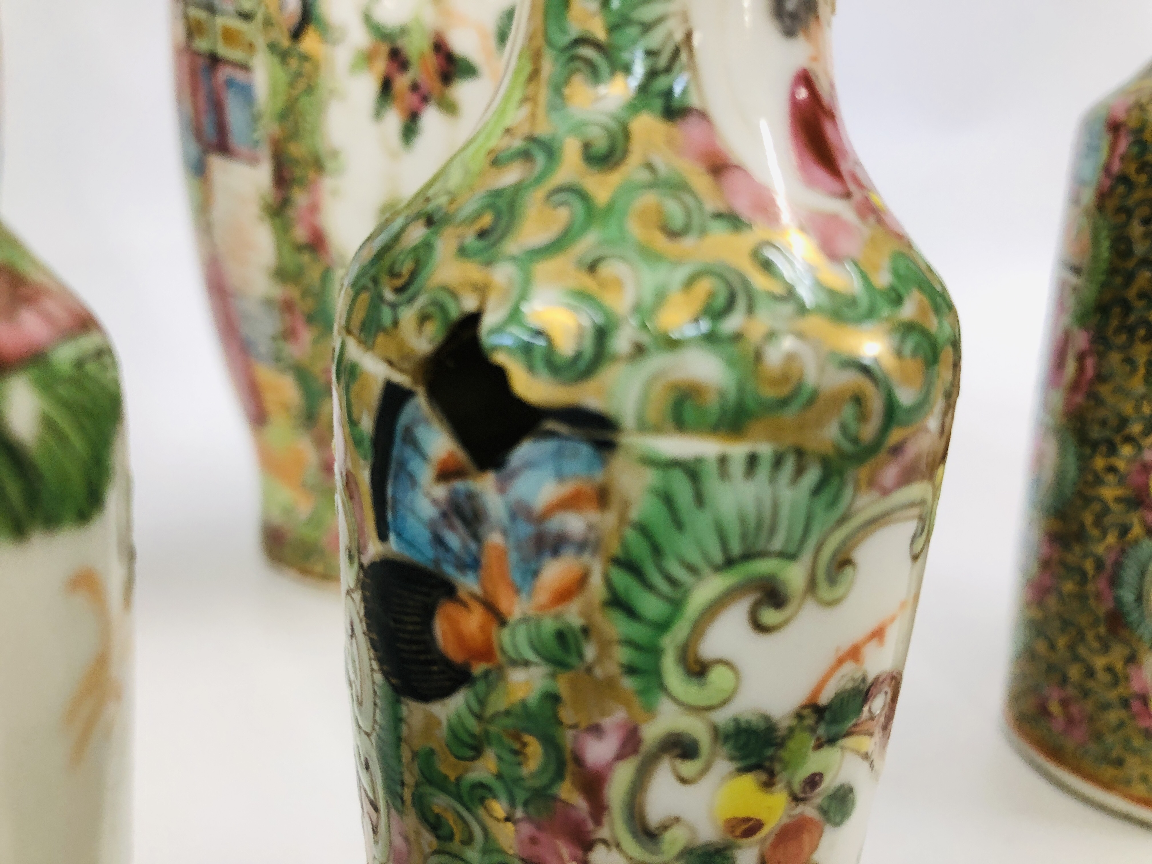 3 X PAIRS OF CANTONESE FAMILLE ROSE VASES, THE LARGEST H 22.5CM (GOOD CONDITION, THE OTHERS H 14. - Image 10 of 17