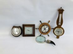 A GROUP OF 4 BAROMETERS TO INCLUDE A VINTAGE SQUARE OAK FRAMED EXAMPLE (ONE A/F) ALONG WITH AN