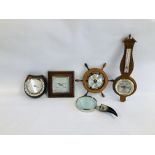 A GROUP OF 4 BAROMETERS TO INCLUDE A VINTAGE SQUARE OAK FRAMED EXAMPLE (ONE A/F) ALONG WITH AN