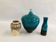 A LARGE "HABITAT" GLAZED TWO TONE VASE H 37CM AND ONE SIMILAR H 27.