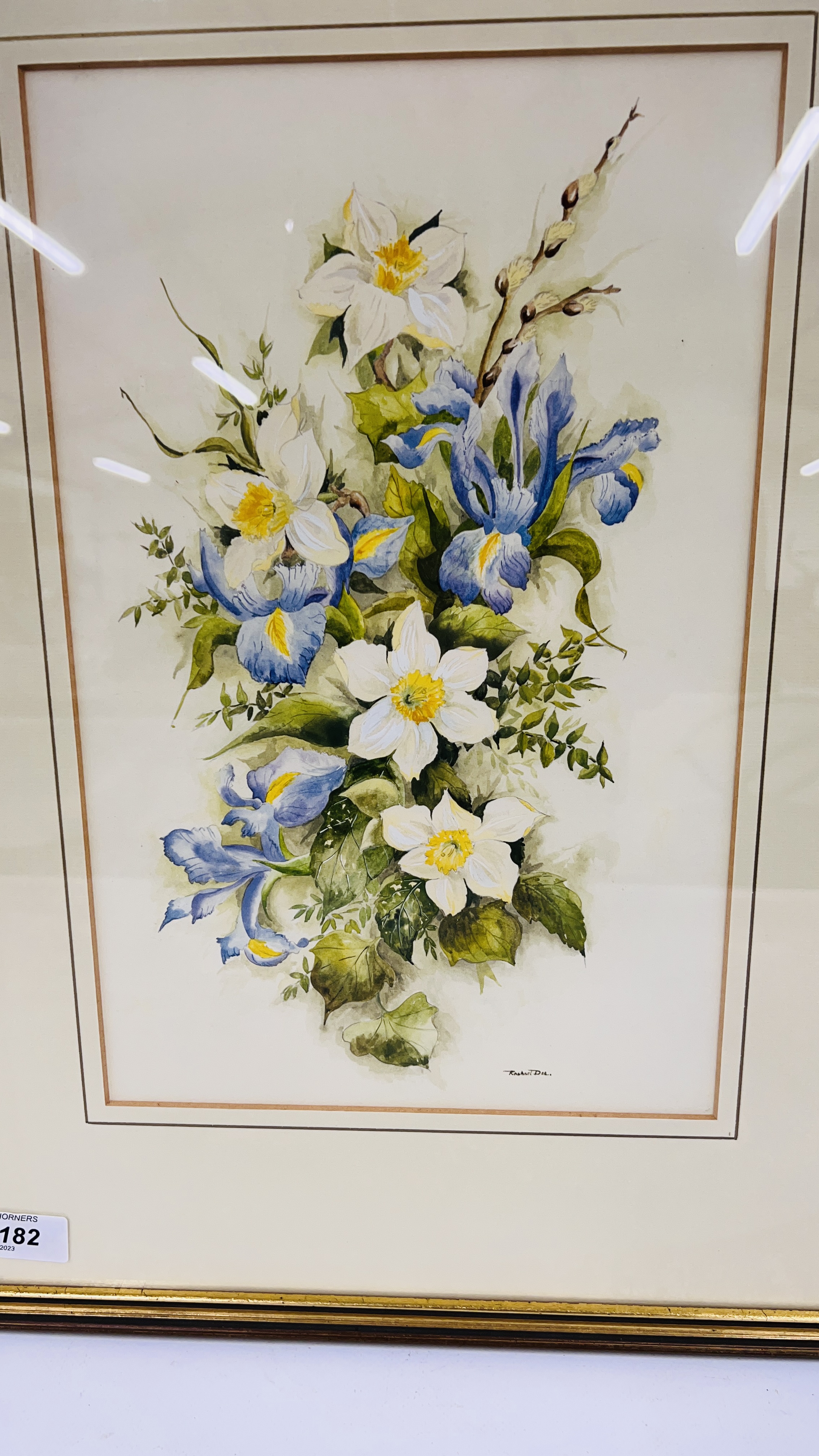 FRAMED AND GLAZED STILL LIFE WATERCOLOUR BY 'RACHEL DEE' TITLED 'IRISES AND DAFFODILS' 15" X 10". - Image 2 of 3