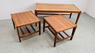 3 MID CENTURY TEAK FINISH TABLES INCLUDE RECTANGULAR AND 2 SQUARE.