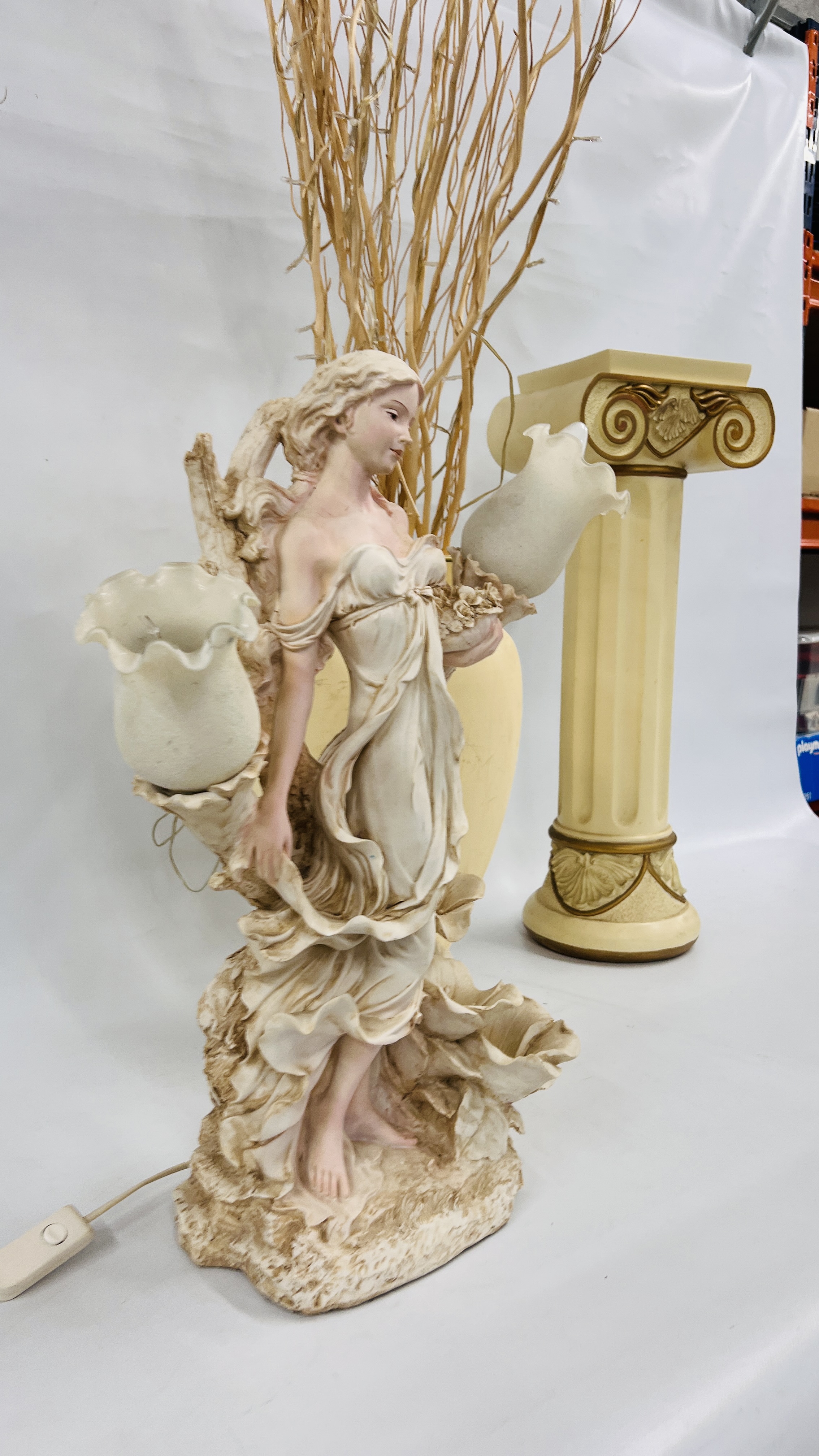 A MODERN CREAM FINISH VASE ON COLUMN BASE WITH GOLD DETAILING ALONG WITH A LARGE DECORATIVE FEMALE - Image 9 of 9