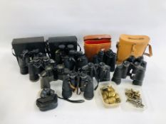 A GROUP OF 11 ASSORTED PAIRS OF BINOCULARS SOME CASED (REQUIRE ATTENTION),