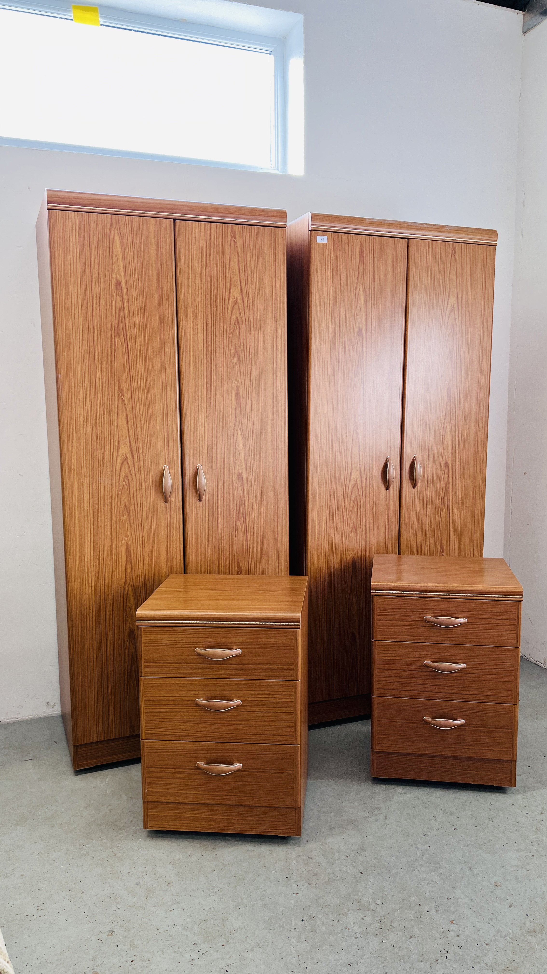 PAIR OF OAK FINISH TWO DOOR WARDROBES AND A PAIR OF MATCHING THREE DRAWER BEDSIDE CHESTS.