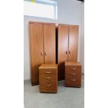 PAIR OF OAK FINISH TWO DOOR WARDROBES AND A PAIR OF MATCHING THREE DRAWER BEDSIDE CHESTS.