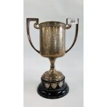 A SILVER TWO HANDLED TROPHY CUP BEARING INSCRIPTION, BIRMINGHAM ASSAY, APPROX H 27CM.