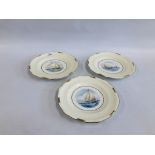 A SERIES OF THREE HAND DECORATED PLATES SAILING SCENES SIGNED WEJ DEAN,