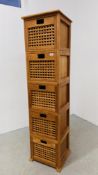 A 5 SECTION WOODEN SLATTED FRONT STACKING DRAWER TOWER. 1 DRAWER A/F - W 43CM. X H 171CM. X D 41CM.