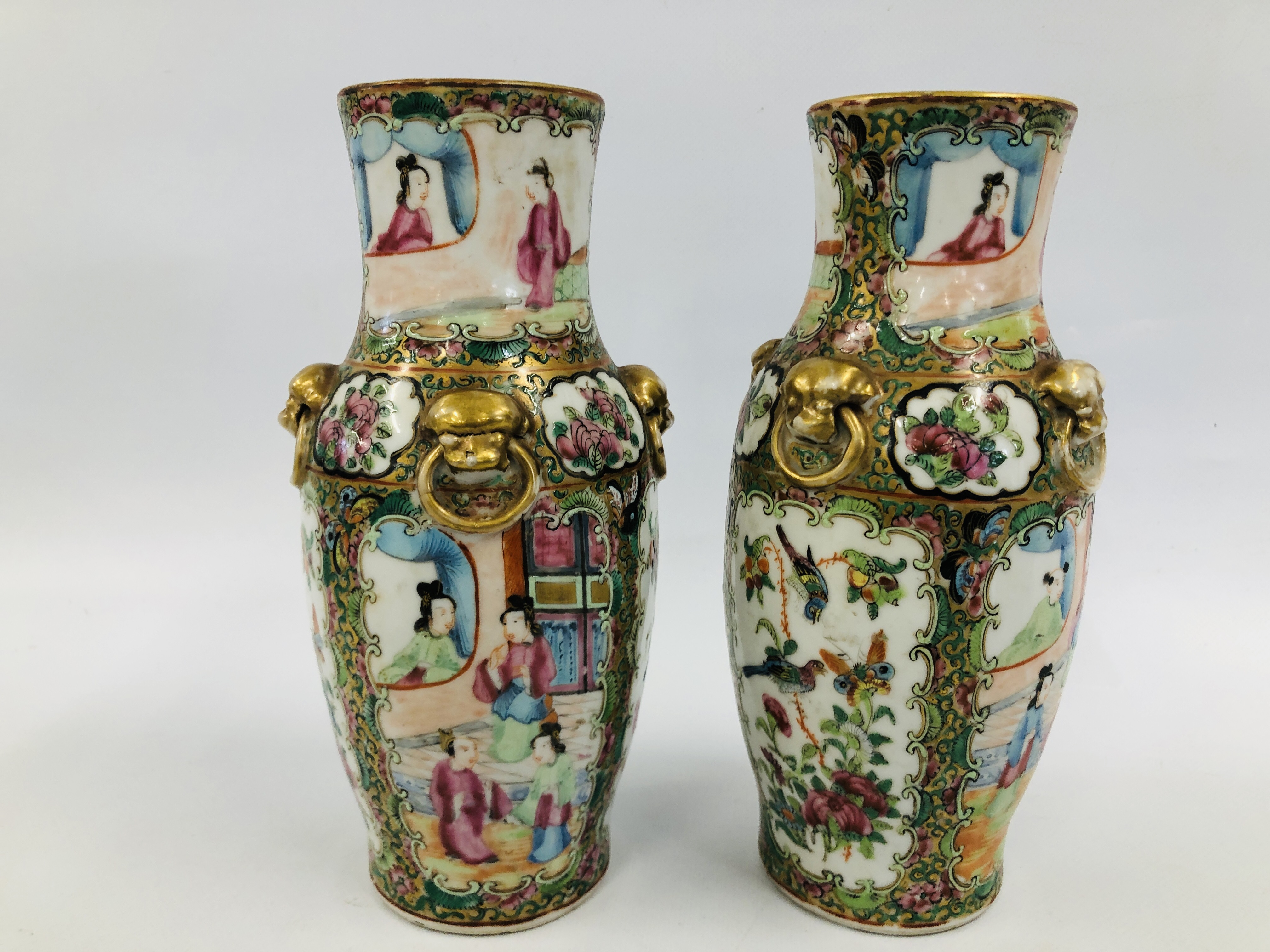 3 X PAIRS OF CANTONESE FAMILLE ROSE VASES, THE LARGEST H 22.5CM (GOOD CONDITION, THE OTHERS H 14. - Image 15 of 17