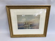 A GILT FRAMED WATERCOLOUR DEPICTING A SHIPPING SCENE BEARING SIGNATURE HELY SMITH - W 51CM. X H 35.