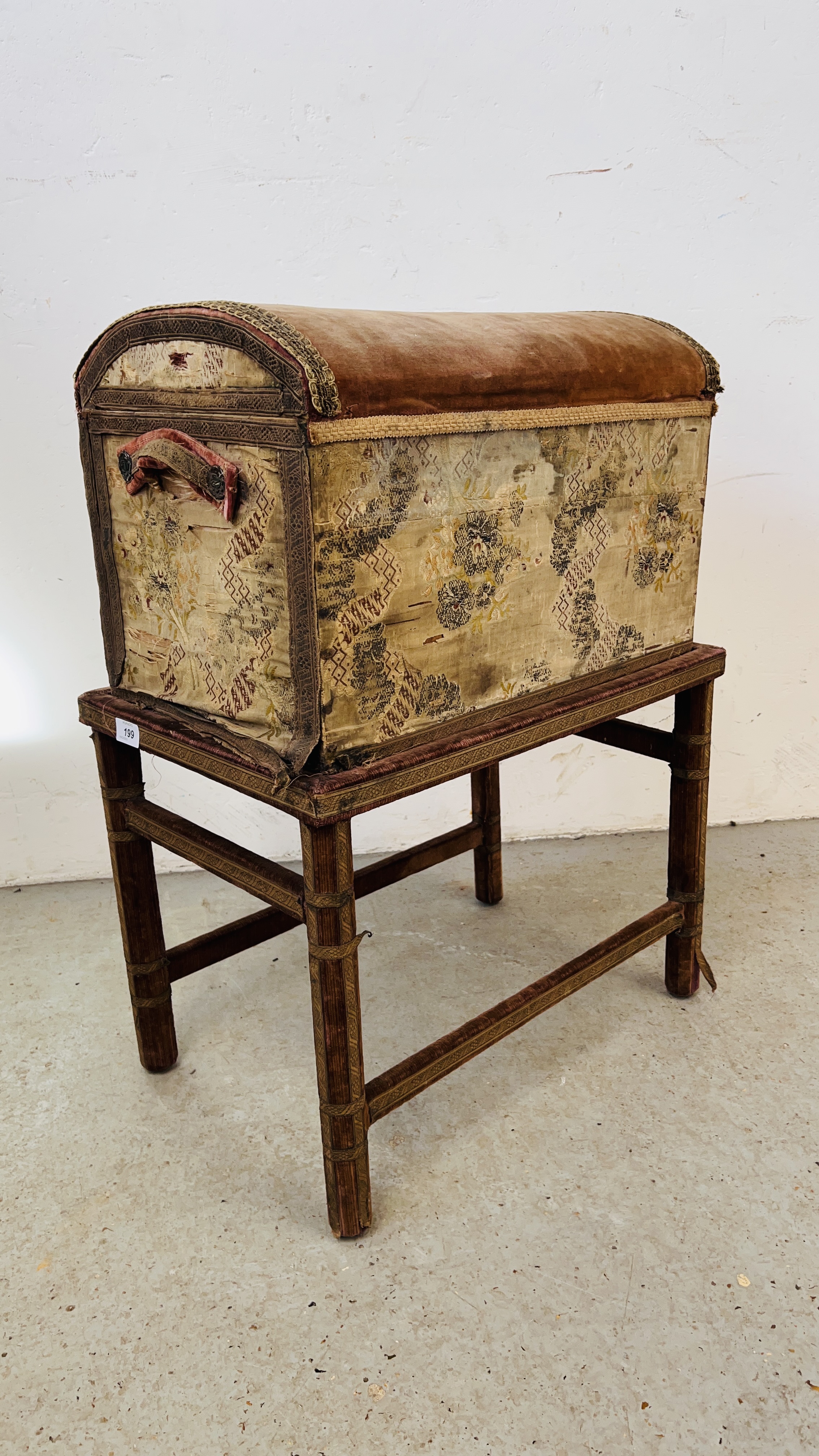 A VELVET COVERED DOME TOP TREASURY TRUNK ON STAND (BOX W 53CM. D 33CM.