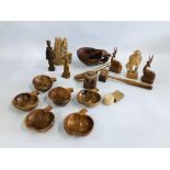 A COLLECTION OF TREEN INCLUDING BOWLS, ANIMAL FIGURES AND KITCHEN UTENSILS.