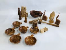 A COLLECTION OF TREEN INCLUDING BOWLS, ANIMAL FIGURES AND KITCHEN UTENSILS.