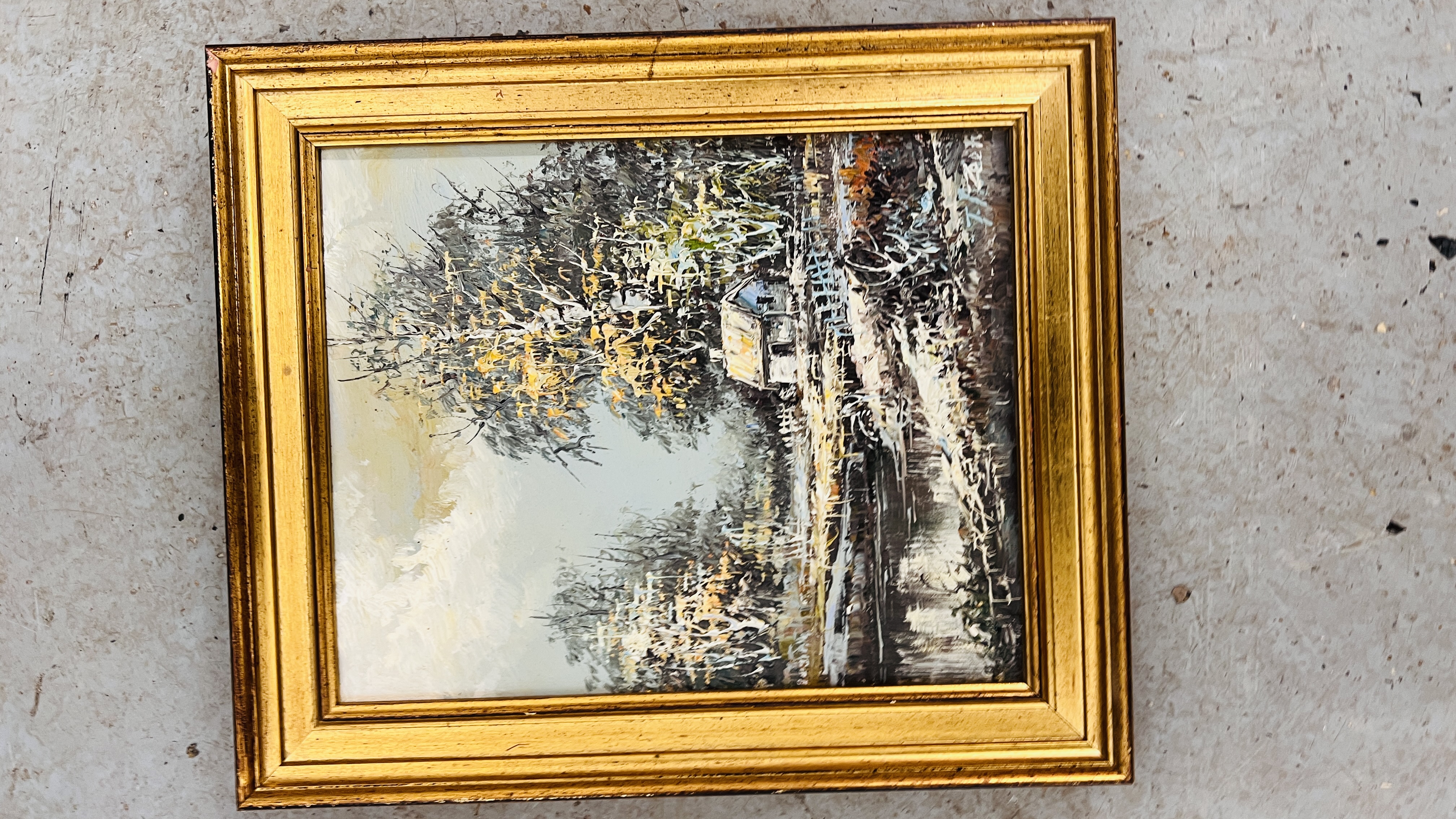 A PAIR OF GILT FRAMED OIL ON CANVAS PICTURES DEPICTING COTTAGES IN A SNOWY LANDSCAPE W 105. - Image 8 of 9