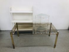 A WHITE PAINTED FOLDING THREE TIER BOOKSHELF, WROUGHT METAL TWO TIER CORNER STAND,
