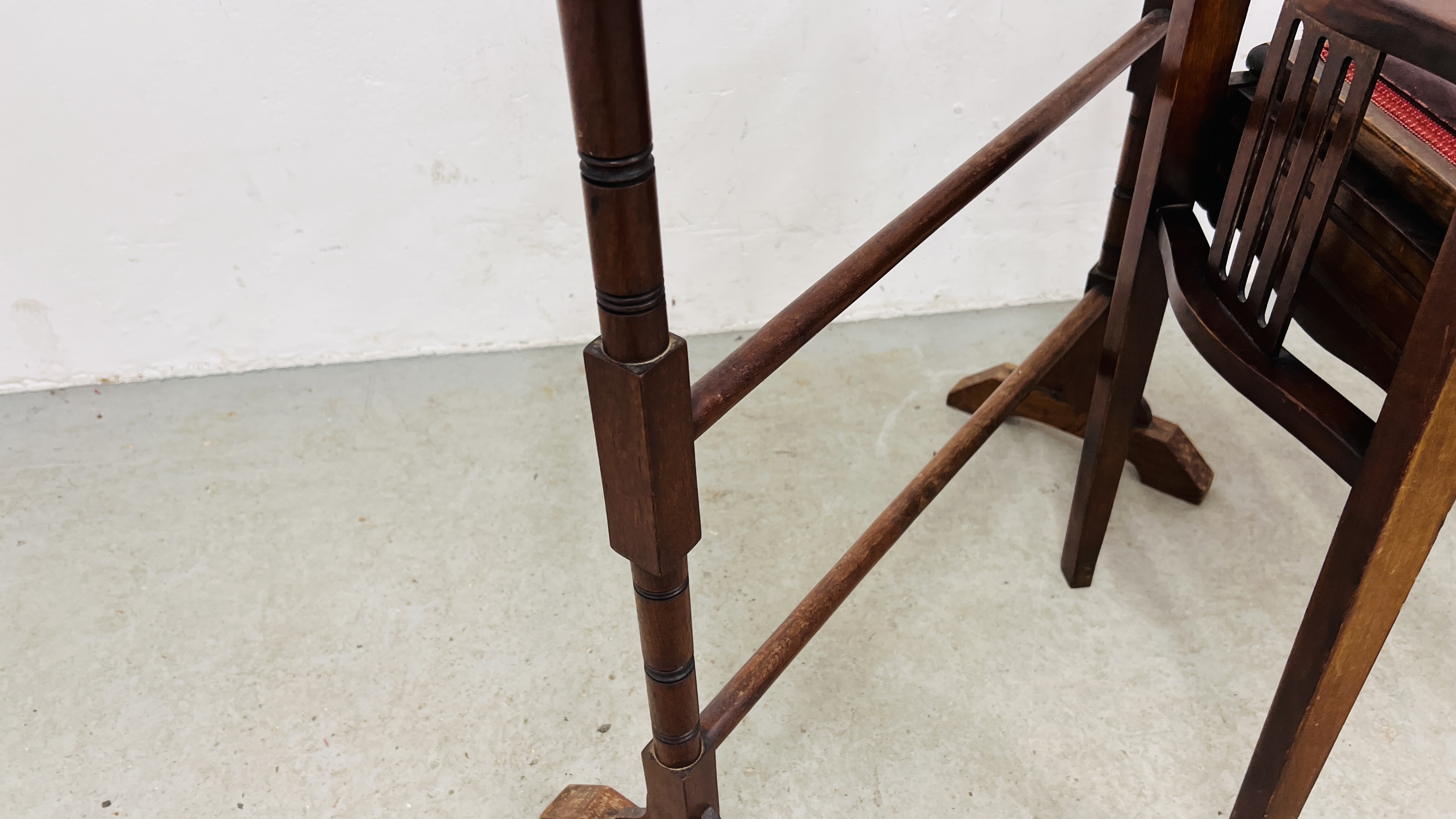 VINTAGE MAHOGANY TOWEL RAIL ALONG WITH A MAHOGANY FRAMED PIANO STOOL. - Image 8 of 8