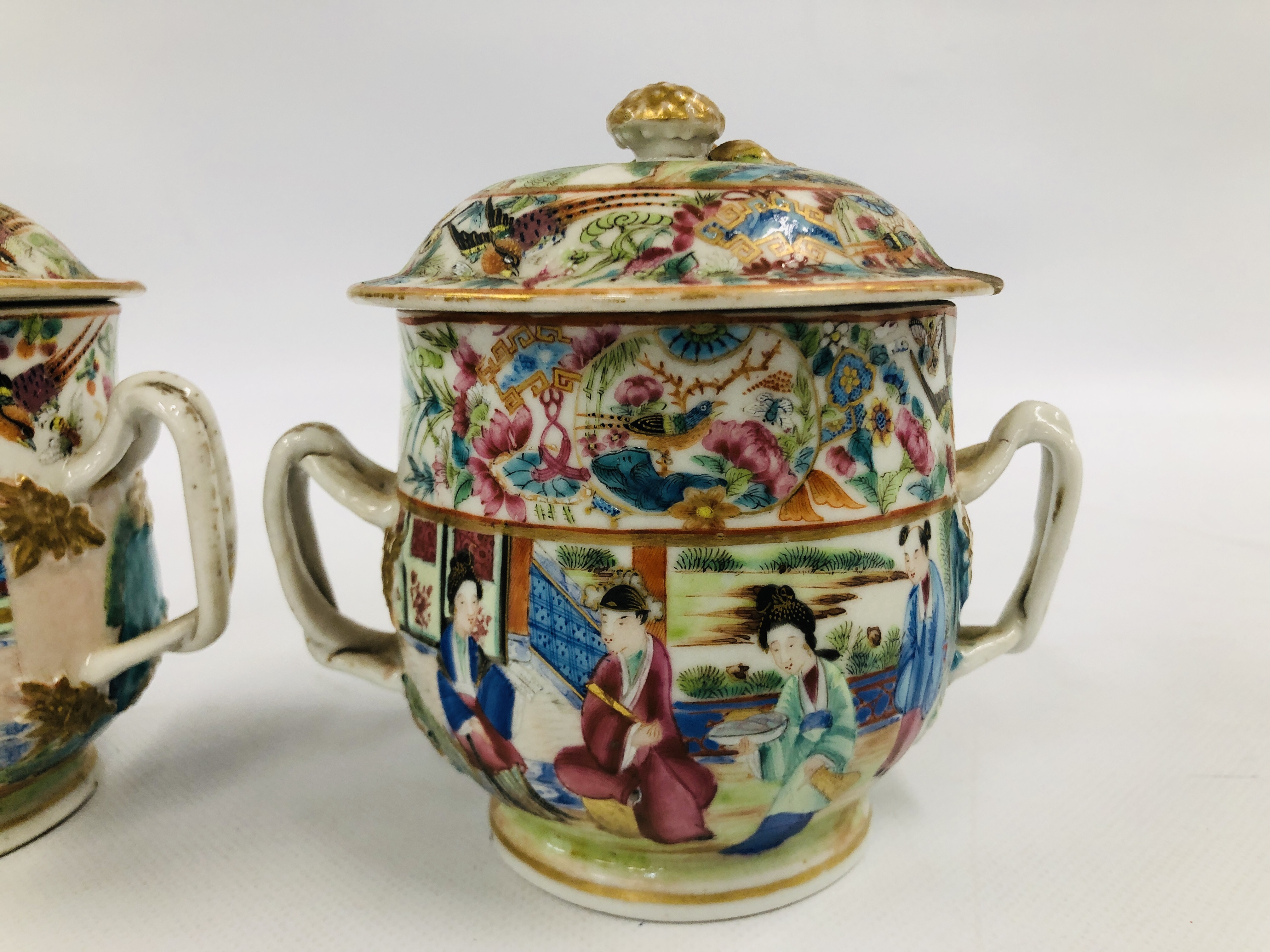 CANTONESE TEAPOT AND COVER ALONG WITH A SUGAR BASIN AND COVER AND A PAIR OF TWO HANDLED BOWLS AND - Image 10 of 17
