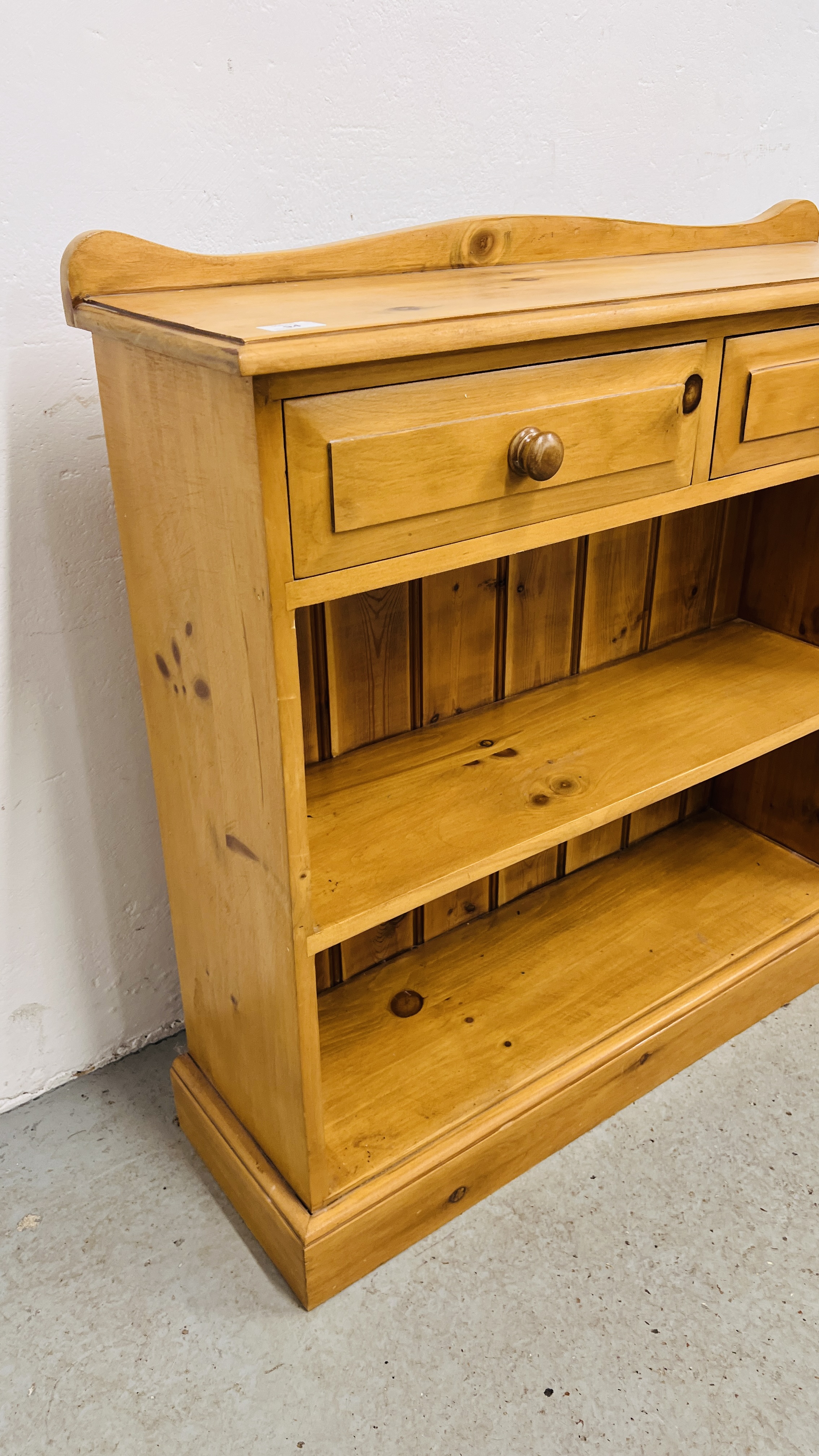 A WAXED PINE TWO TIER BOOKSHELF WITH DRAWERS, W 87CM, D 27CM, H 88CM. - Image 6 of 8