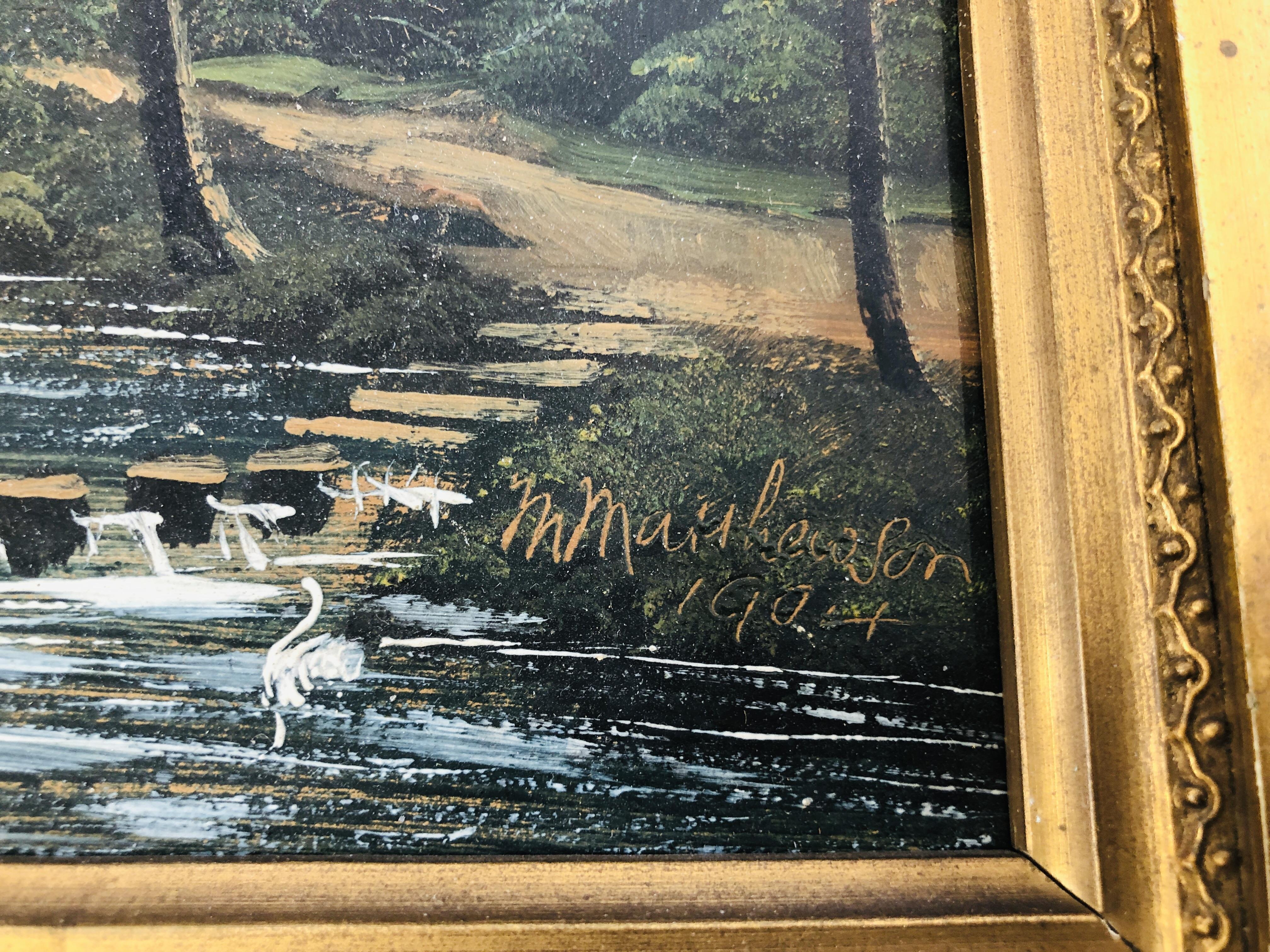 A PAIR OF GILT FRAMED OIL ON BOARDS RIVER SCENES, BEARING SIGNATURE M. - Image 5 of 6