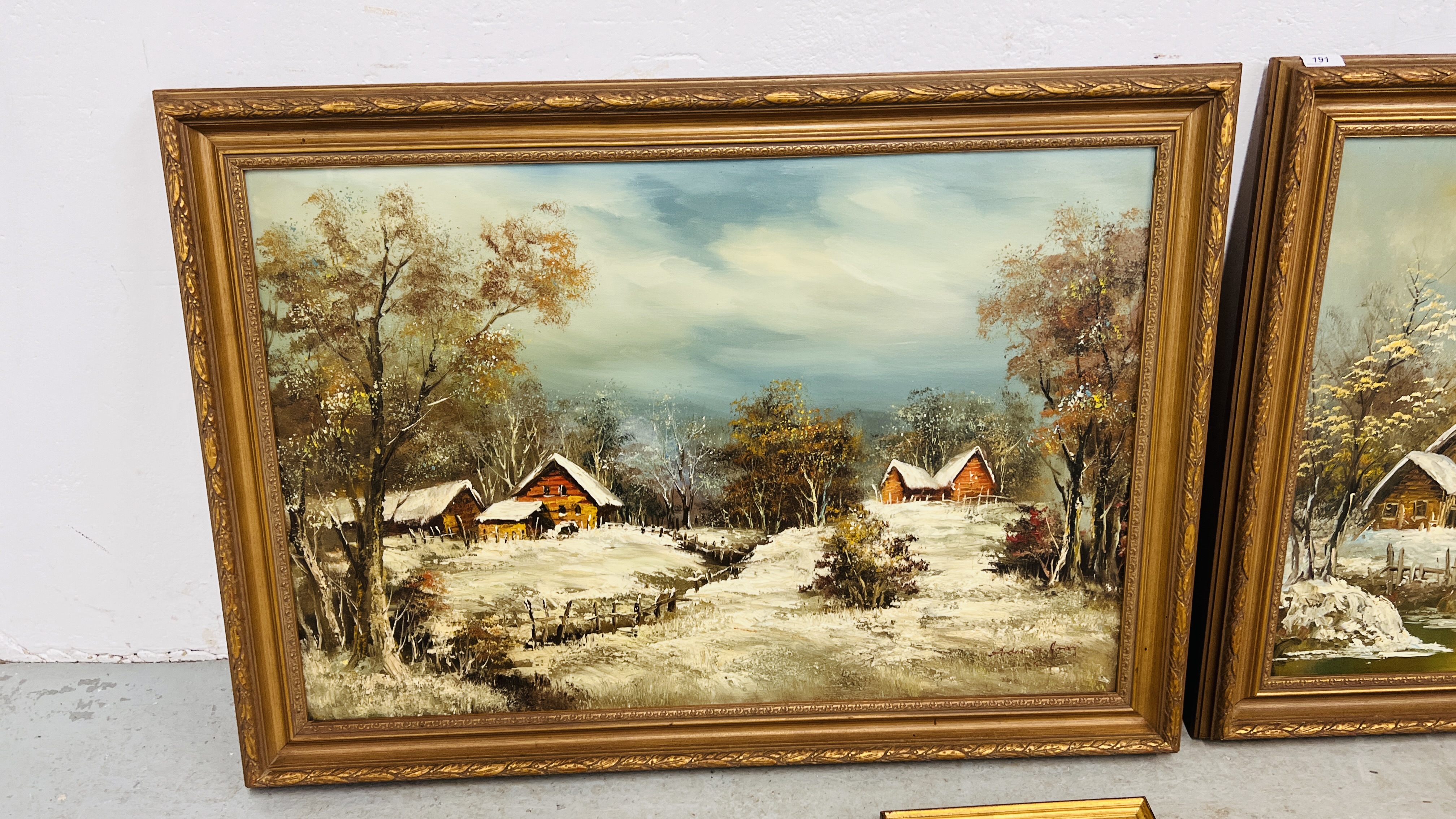 A PAIR OF GILT FRAMED OIL ON CANVAS PICTURES DEPICTING COTTAGES IN A SNOWY LANDSCAPE W 105. - Image 9 of 9