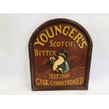 REPRODUCTION WOODEN ADVERTISING SIGN "YOUNGERS" SCOTCH BITTER, H 60.5CM X W 50CM.