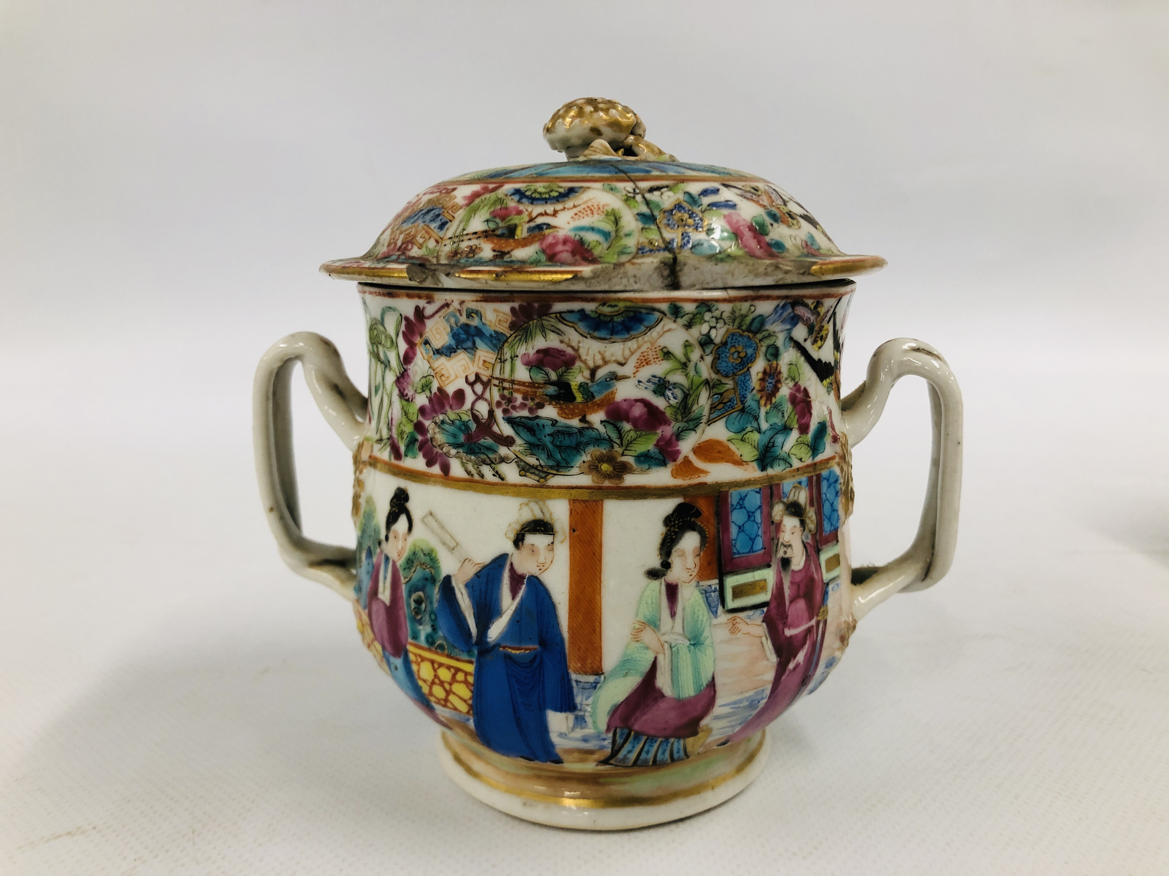 CANTONESE TEAPOT AND COVER ALONG WITH A SUGAR BASIN AND COVER AND A PAIR OF TWO HANDLED BOWLS AND - Image 15 of 17