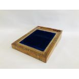 A VINTAGE MAHOGANY INLAID MARQUETRY WRITING SLOPE, WITH GLASS INKWELLS, W 35.5CM, D 24CM, H 16CM.