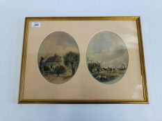 A PAIR OF ORIGINAL WATER COLOURS IN OVAL MOUNTS, ONE DEPICTING A COTTAGE AND FIGURES,