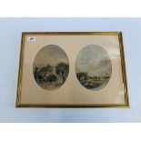 A PAIR OF ORIGINAL WATER COLOURS IN OVAL MOUNTS, ONE DEPICTING A COTTAGE AND FIGURES,