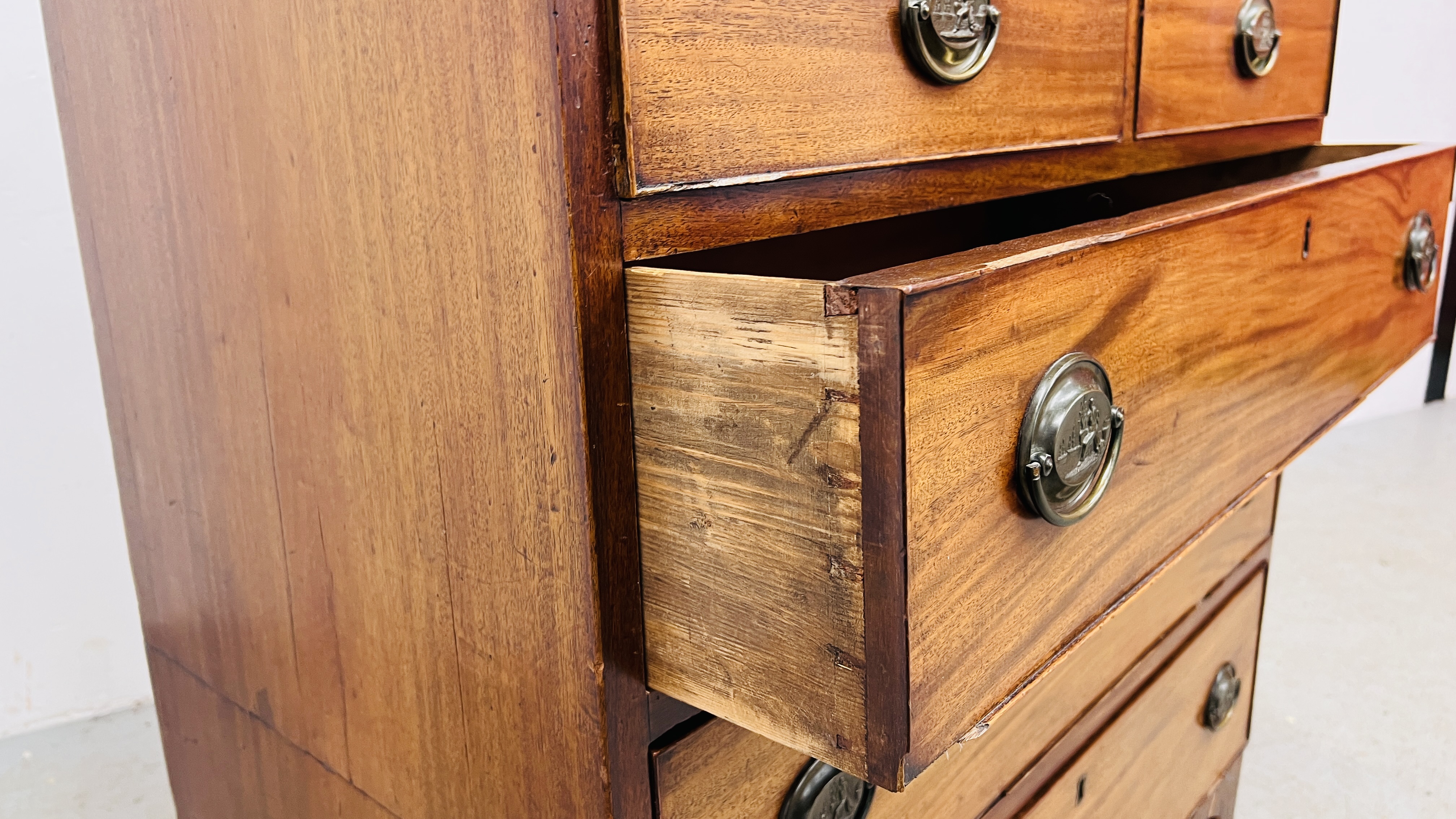 ANTIQUE MAHOGANY TWO OVER THREE CHEST OF DRAWERS, COCK BEADED DRAWERS, BRASS PLATE FITTINGS, - Image 12 of 15